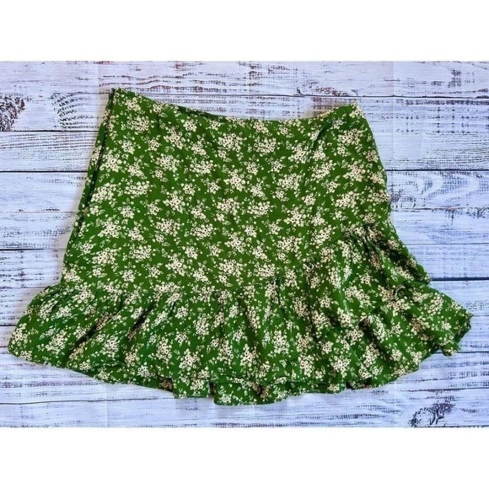 Urban Outfitters Skirt Womens S Green Floral Ruffle Hem Mini Skirt